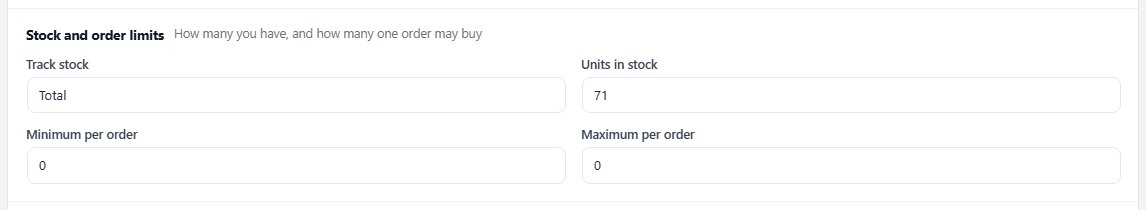 Stock and order limits: Track stock, Units in stock, Minimum per order and Maximum per order.