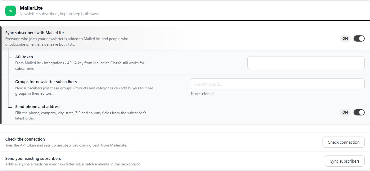 The MailerLite section on Settings, Marketing, Email marketing