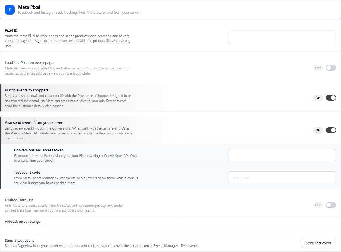 The Meta Pixel section on Settings, Advanced, Integrations, with server events switched on