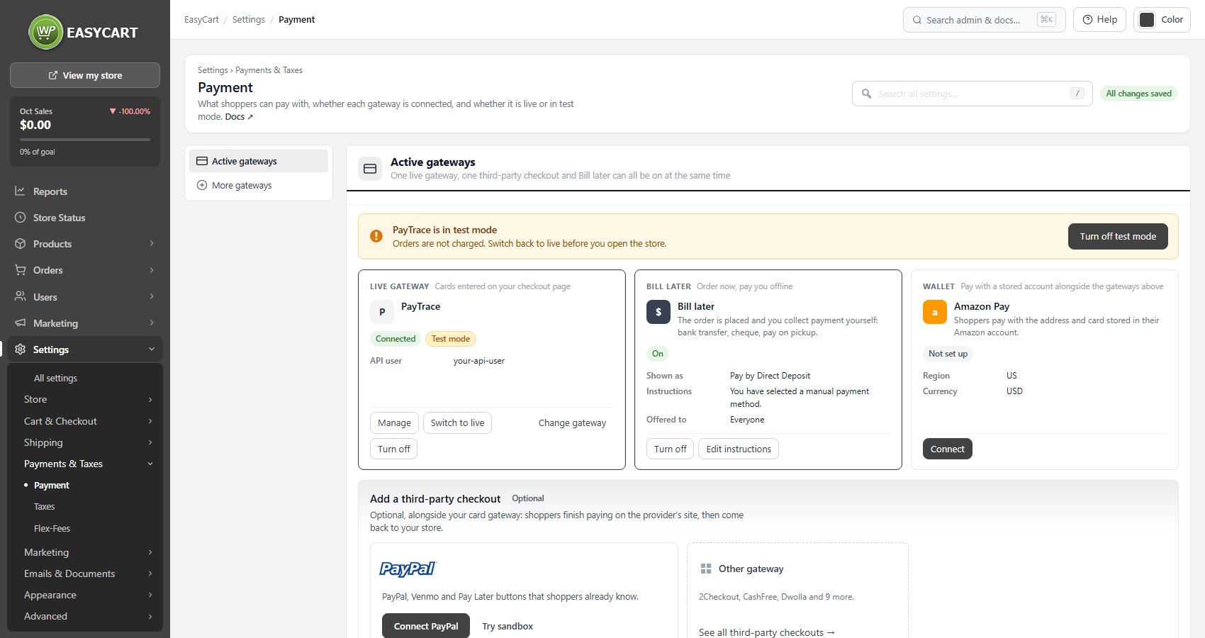 Settings › Payment, where each gateway’s card and Manage drawer live.
