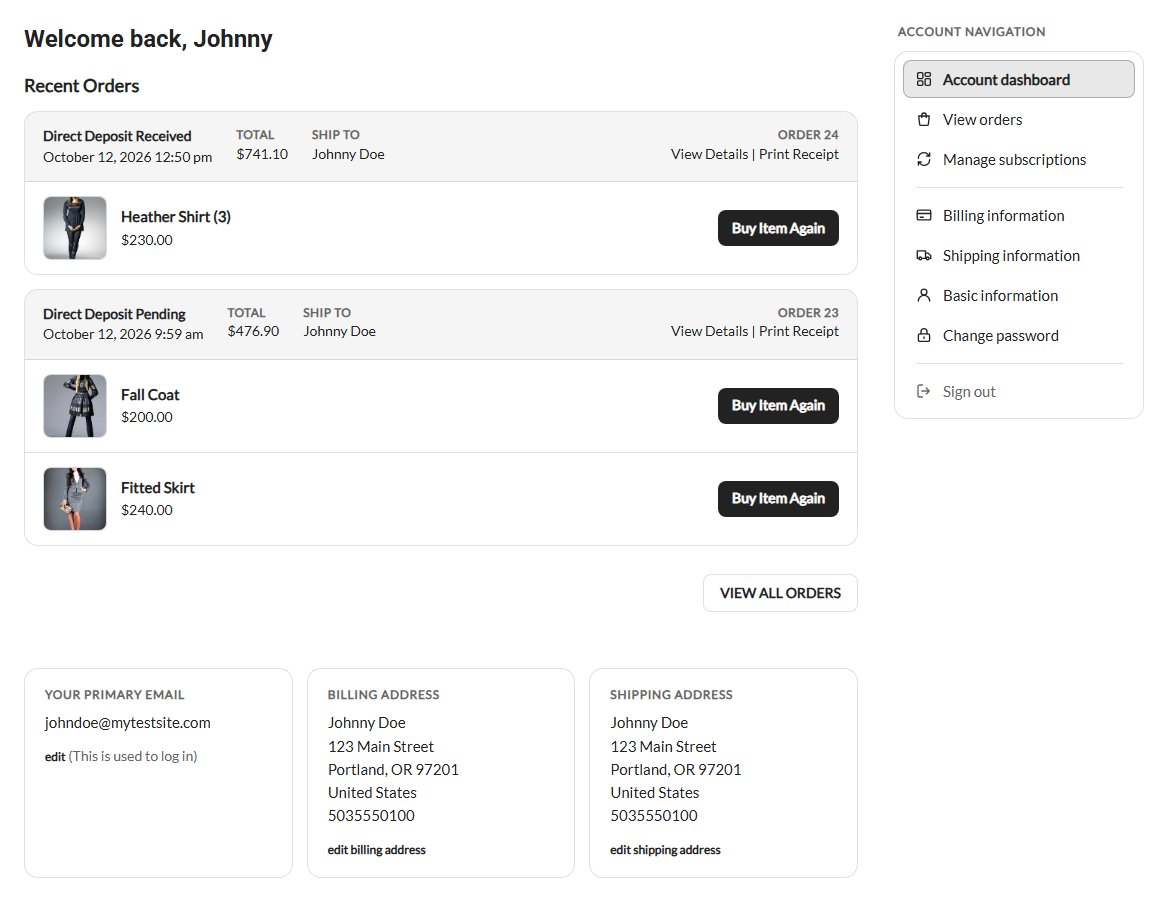 The My Account dashboard, with the account menu beside it.