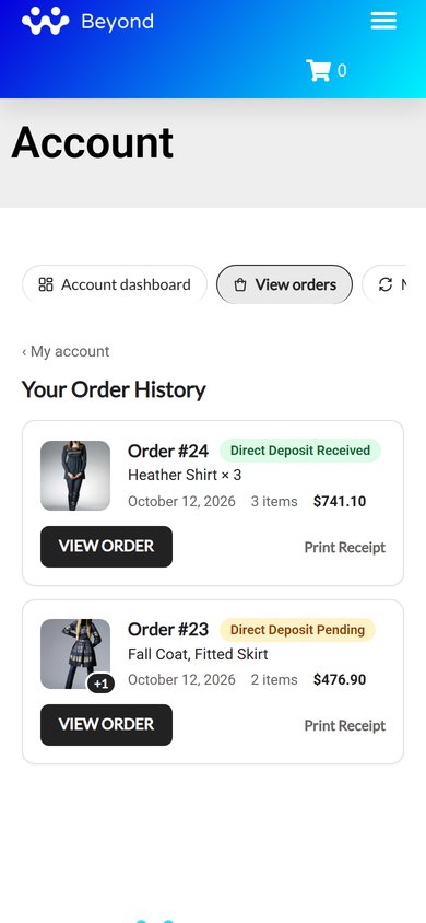 My Account on a phone: the menu as a row of tabs above the page.