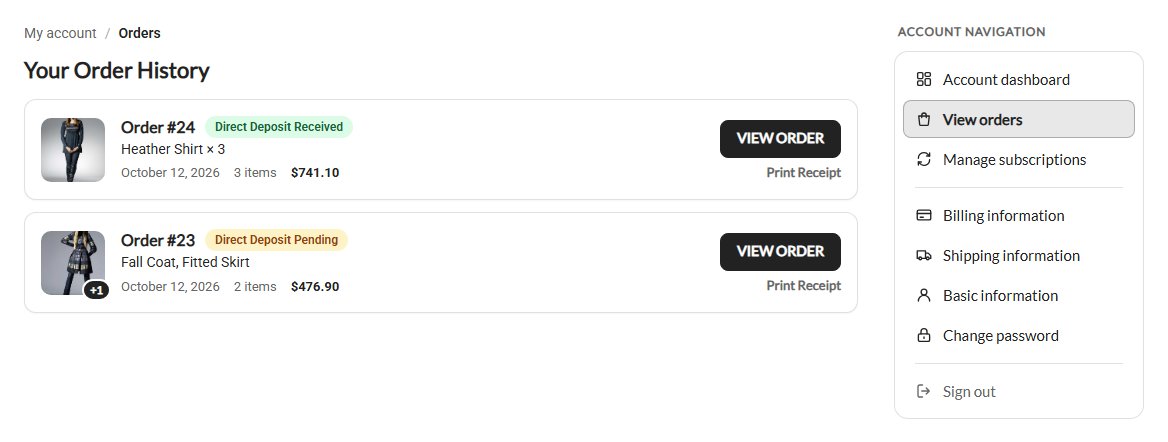 View orders: each order as a card with its picture, status badge and VIEW ORDER.
