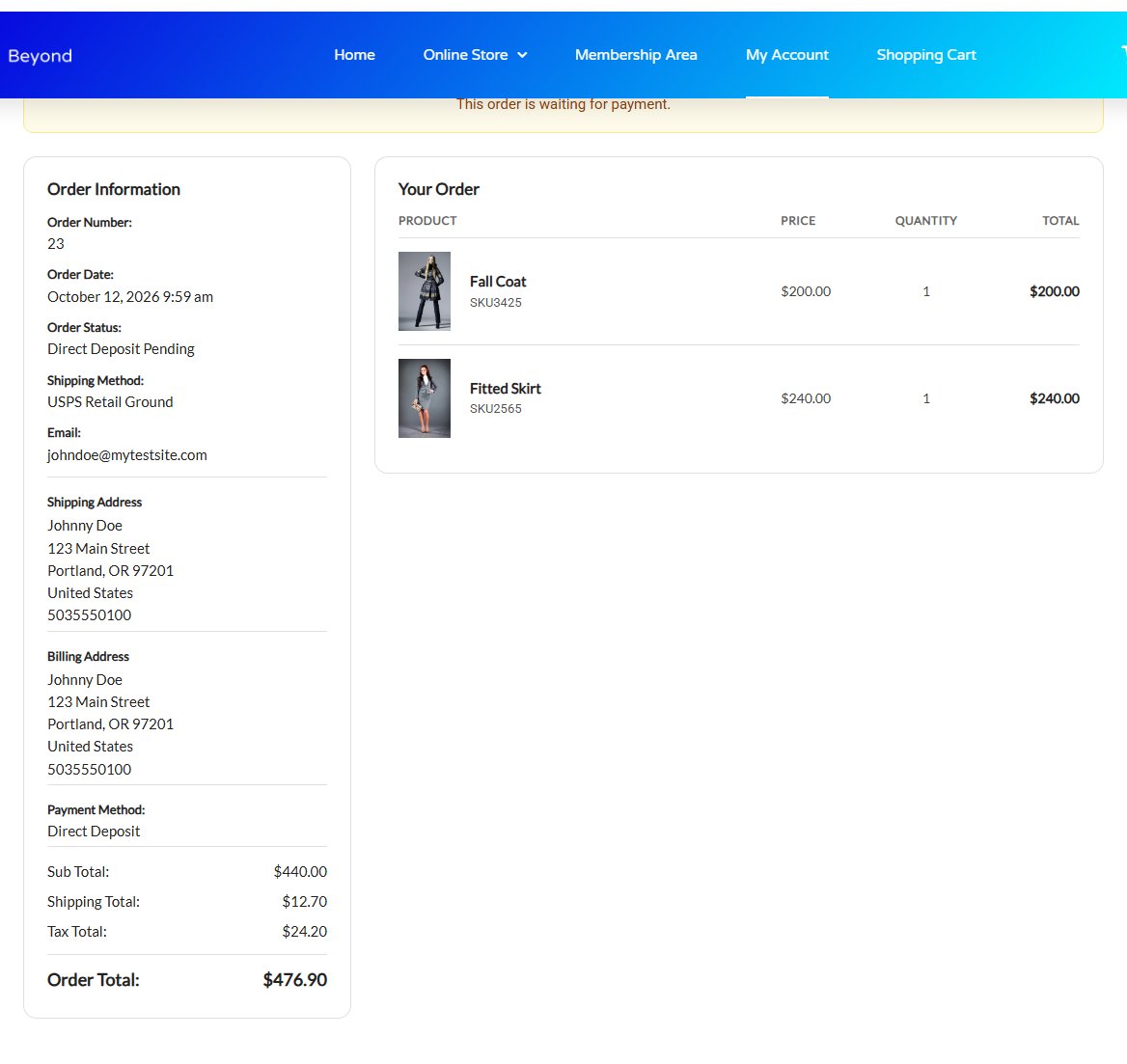An order’s page: the breadcrumbs, Print Receipt, the order information, items and totals.
