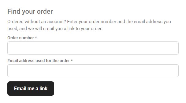 Find your order: the order number, the email and Email me a link.