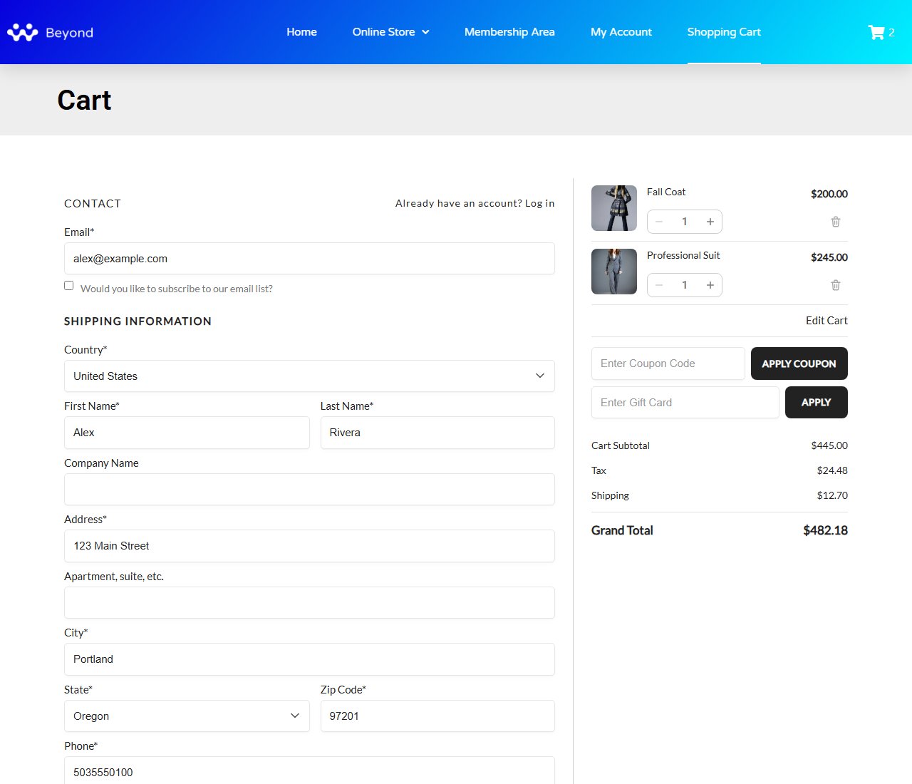 The one-page checkout on a computer: the checkout on the left, the order summary on the right.