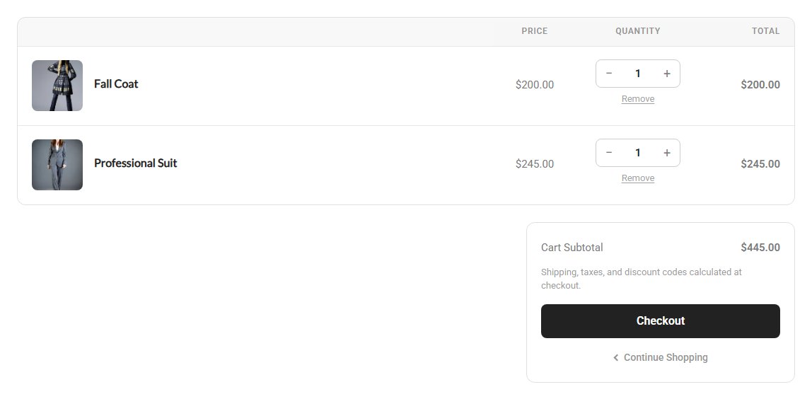 The one-page checkout’s cart: the − and + buttons, Remove, the totals and the Checkout button.