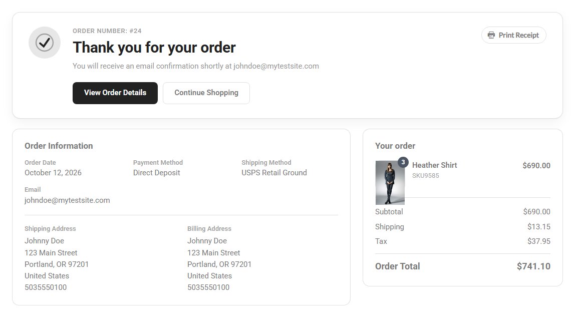The order confirmation page: the thank-you card, the items and totals, and the order information.