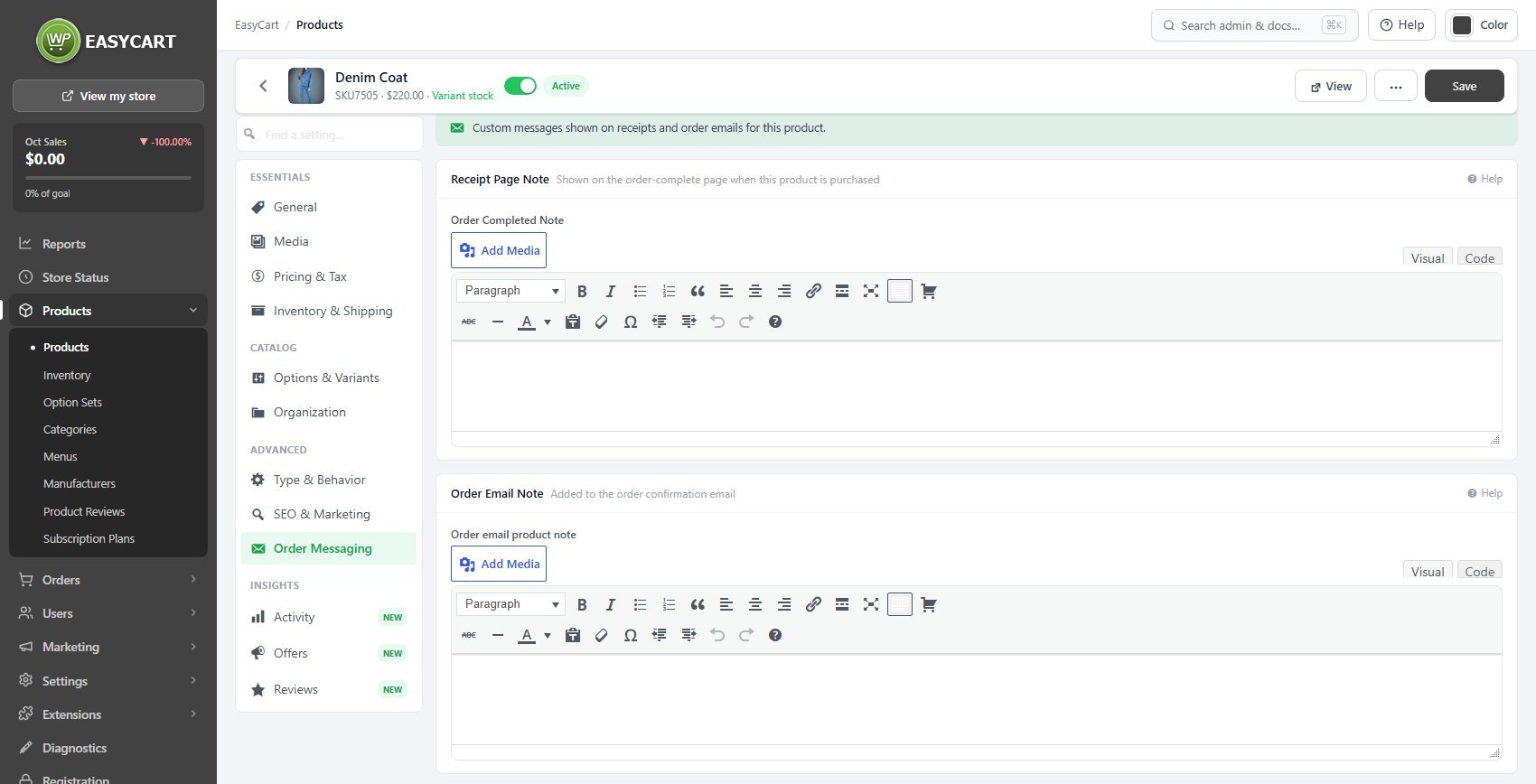 The product editor, Order Messaging tab.