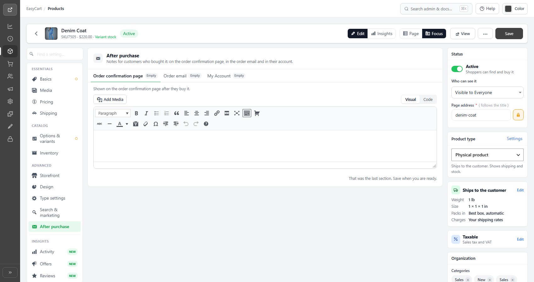 The product editor, After purchase section.