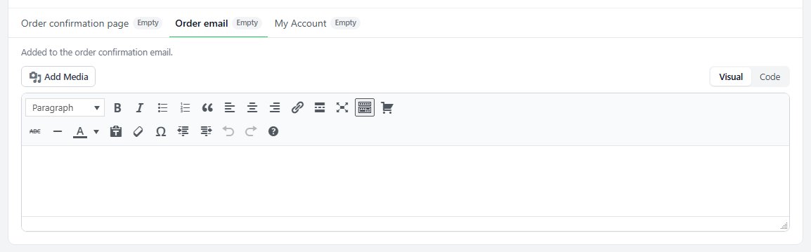 The Order email tab, for the note added to the order confirmation email.