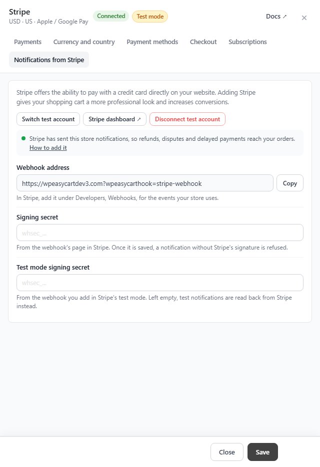 Notifications from Stripe tab in WP EasyCart with the webhook address, Signing secret and Test mode signing secret