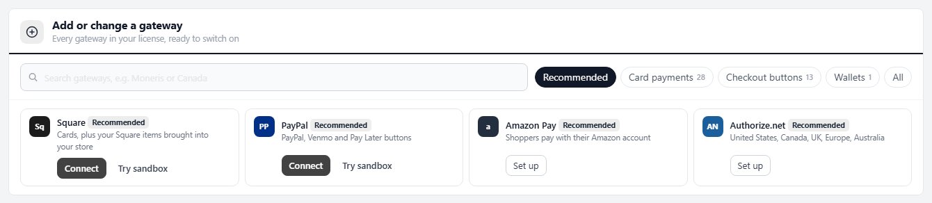 Add or change a gateway on a US store: the recommended gateways Square, PayPal, Amazon Pay and Authorize.net, each with Connect or Set up.