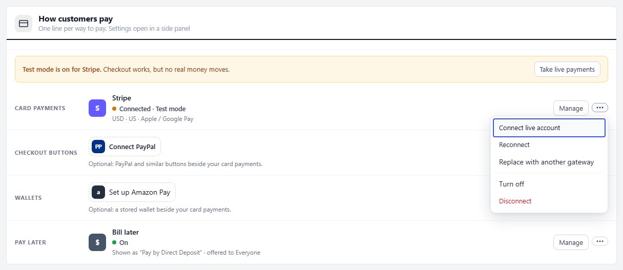 The Stripe line on WP EasyCart Payment settings with its menu open: Connect live account, Reconnect, Replace, Turn off, Disconnect