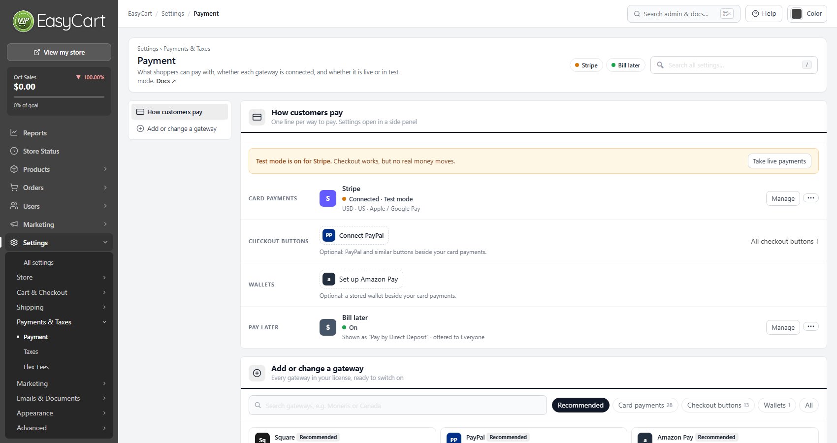 WP EasyCart Payment settings with one line per way to pay and Stripe connected in test mode
