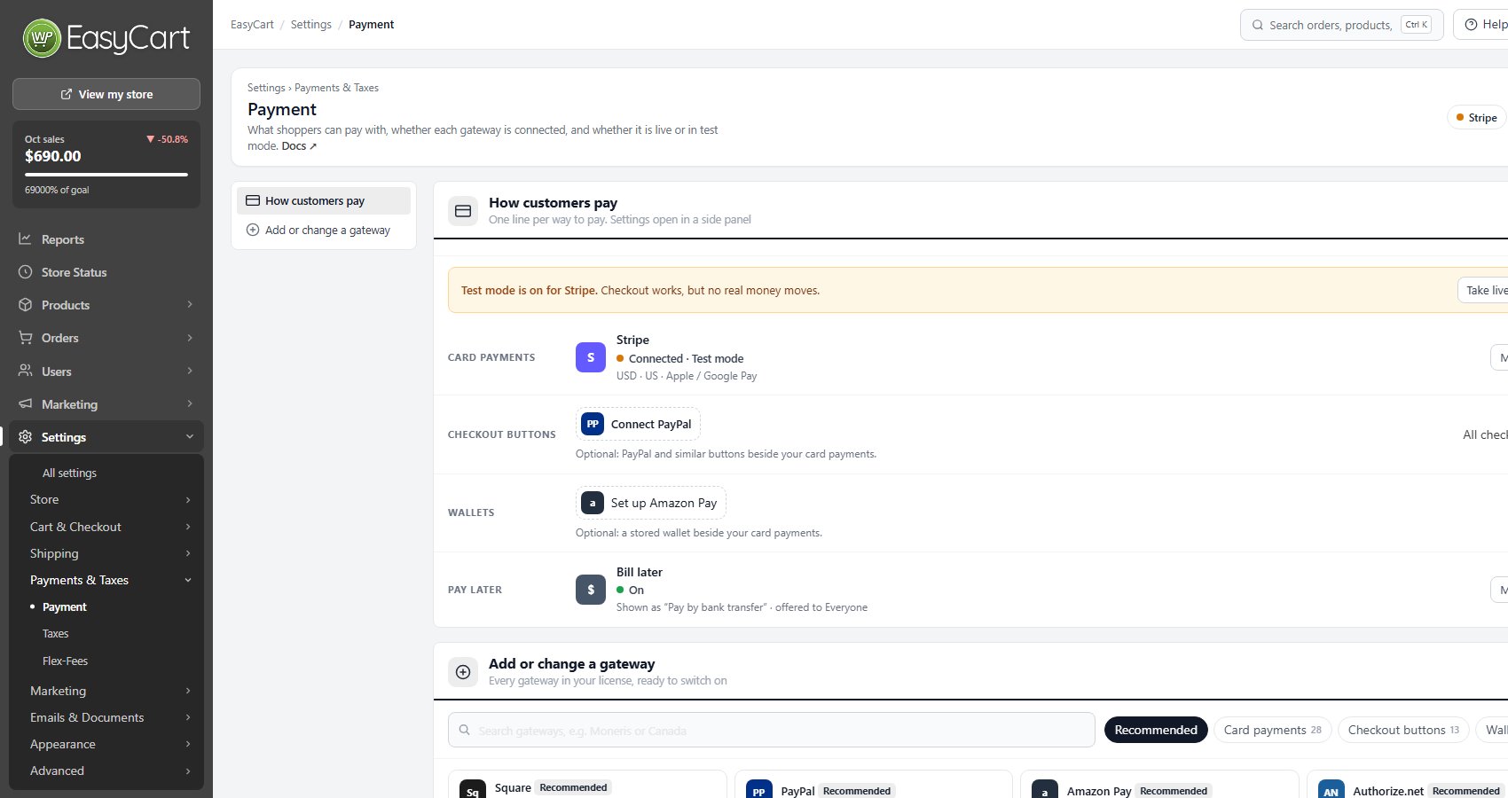 Settings › Payment: the test-mode line and one line per way to pay, with Stripe connected in test mode and Bill later on, shown to shoppers as Pay by bank transfer.