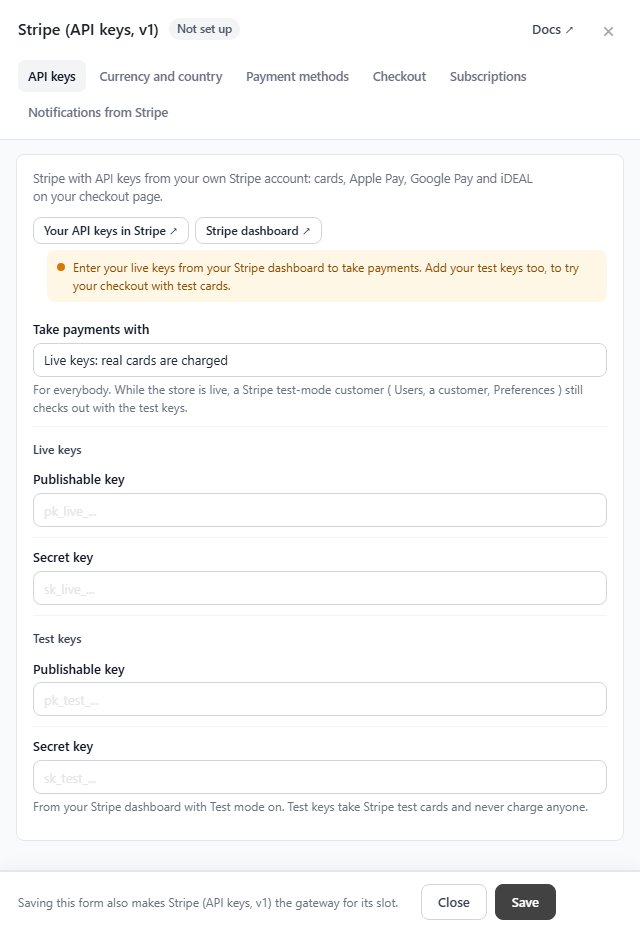 Stripe API keys panel in WP EasyCart PRO with Take payments with, live keys and test keys