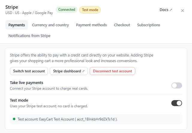 Stripe settings in WP EasyCart on the Payments tab with Take live payments and Test mode switches
