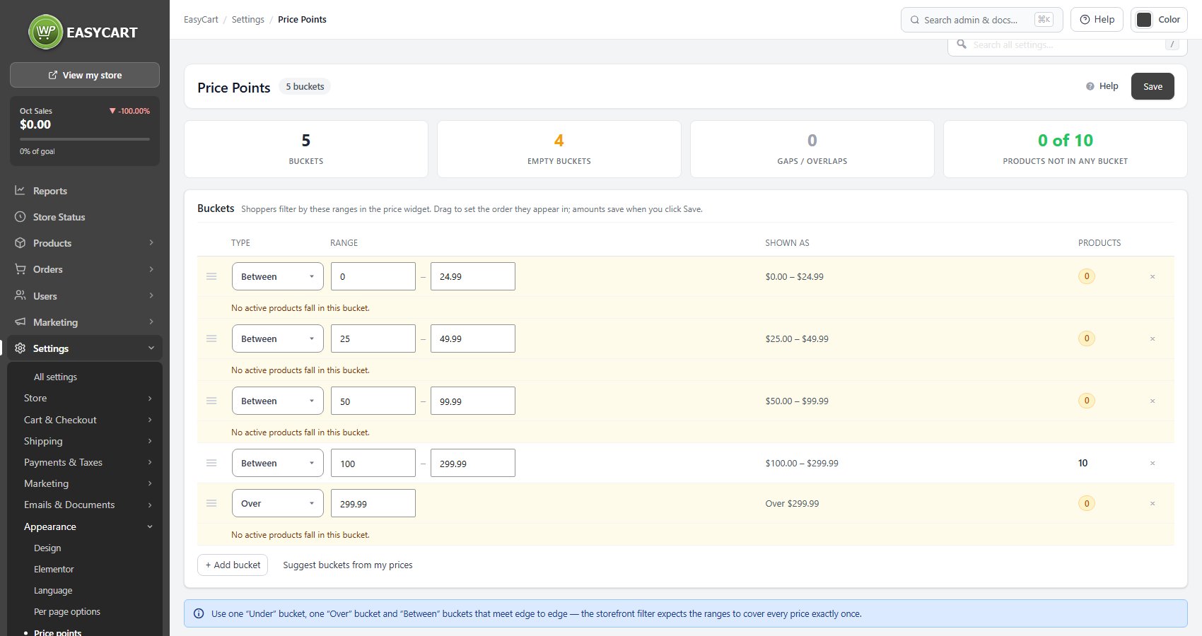 Settings › Price points with the EasyCart menu: the counters and the range rows with their product counts.