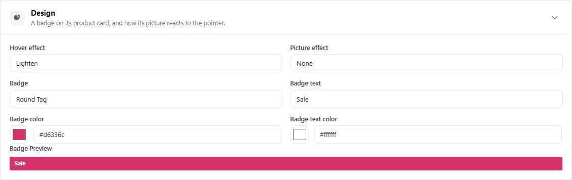 The Design section with a Round Tag reading Sale, and its Badge Preview.
