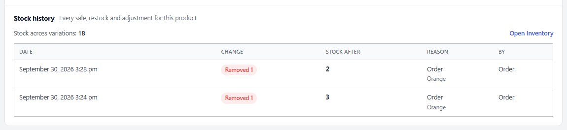 The Stock history card: each change with the stock after it, the reason and the variant.