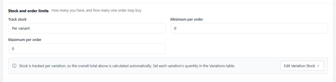 Stock and order limits for a product tracked per variant, with Edit Variation Stock.