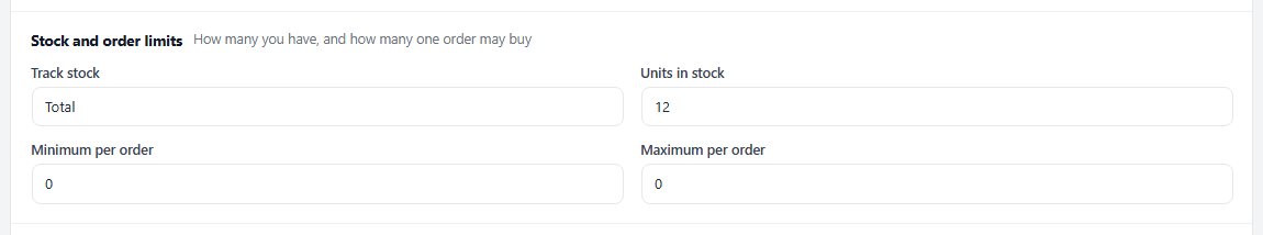 Track stock set to Total, with Units in stock and the two order limits.