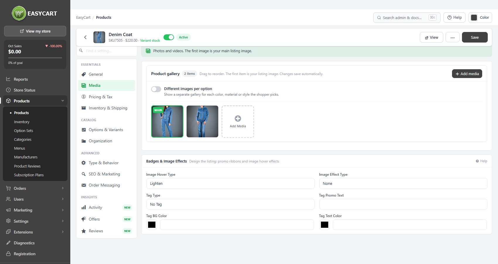 The product editor, Media tab.