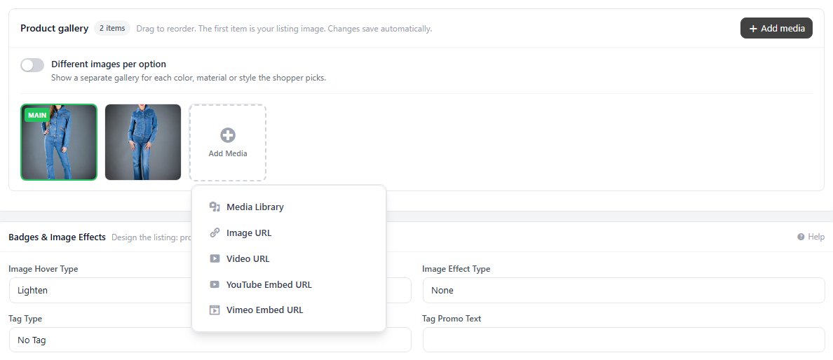 The Add Media menu: Media Library, image URL, MP4 video URL, YouTube and Vimeo.