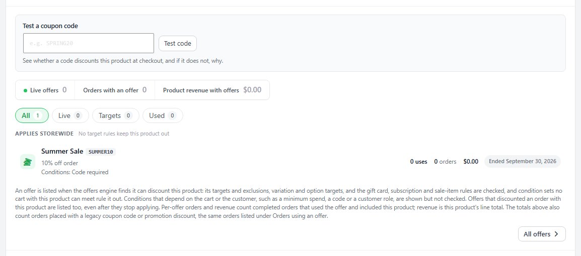 The Offers section: the code tester, tiles, filters and a storewide offer.