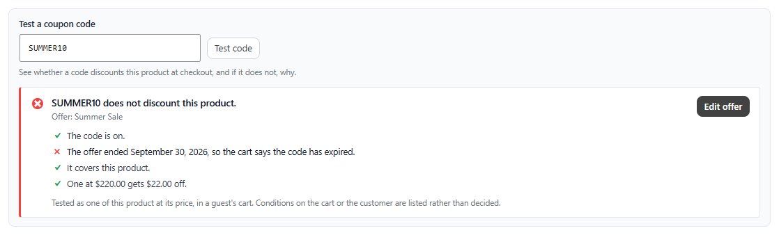 A code tested on the product, with each check and the reason it does not discount it.