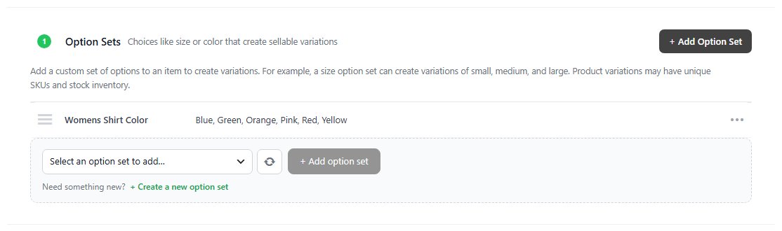 The Option Sets card with one set attached and the picker to add another.