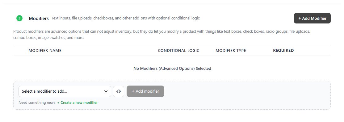 The Modifiers card, where add-ons are attached and given conditional logic.