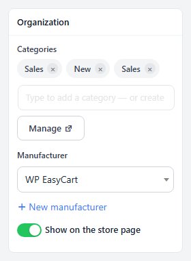 The Summary column’s Organization card: categories, manufacturer and Show on the store page.