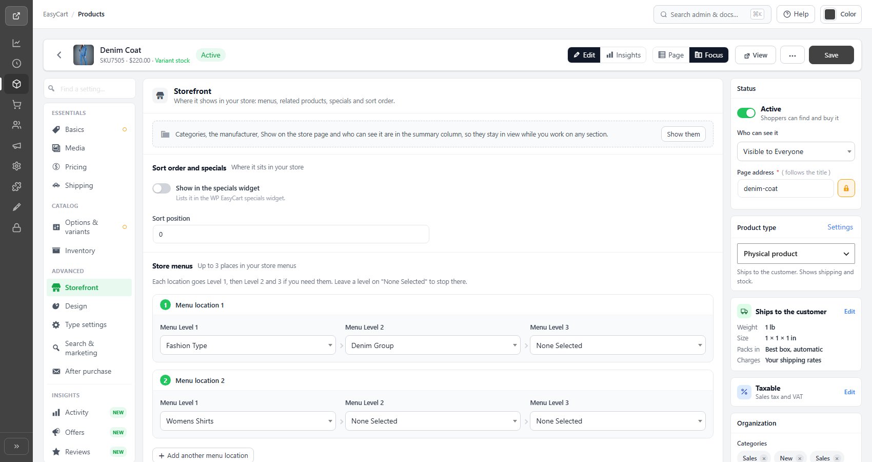 The product editor, Storefront section.