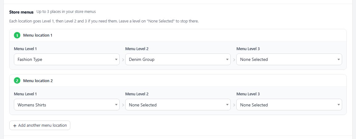 Store menus: two menu locations in use, each drilling down from Menu Level 1 to Level 3.