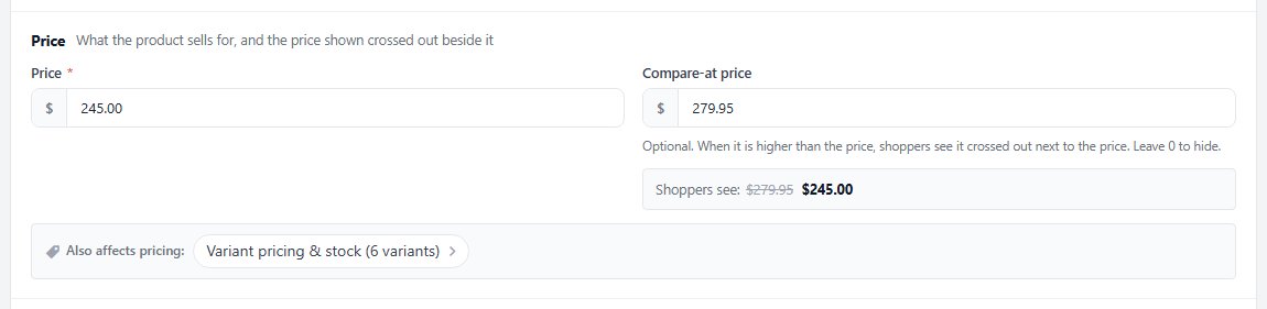 The Price card: a compare-at price above the price, previewed as shoppers see it.