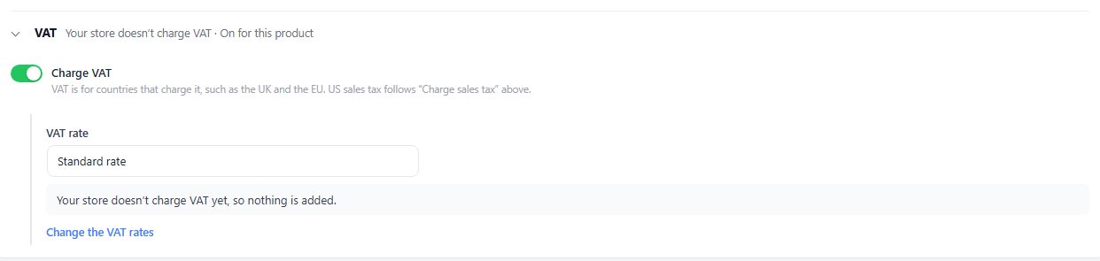 Charge VAT switched on, with the VAT rate list, in a store that does not charge VAT yet.