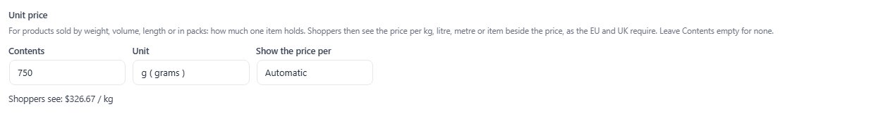 The Unit price group: Contents, Unit and Show the price per.