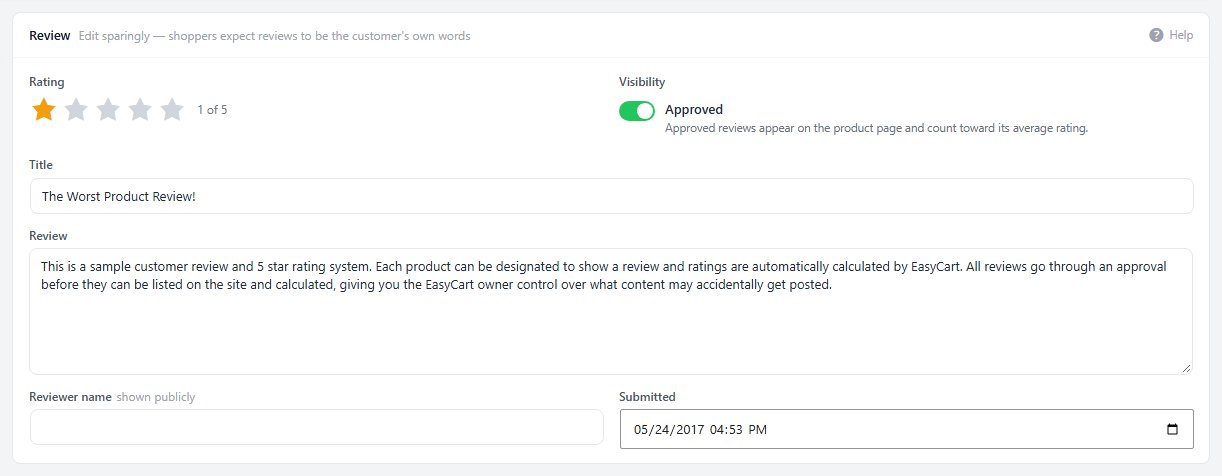 An opened review: rating, visibility, title, text and reviewer name.