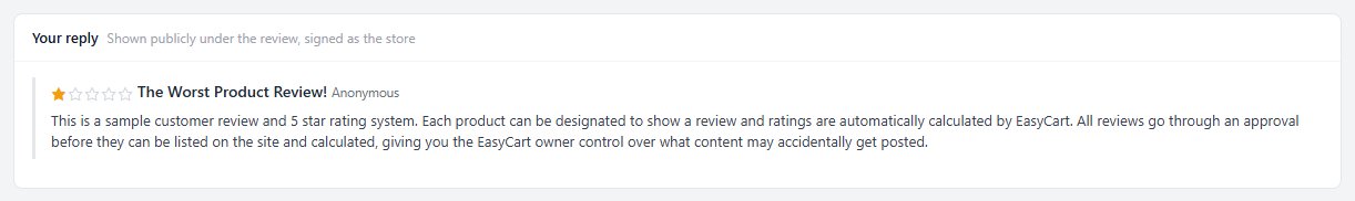 Your reply on an opened review, shown publicly under it and signed as the store.