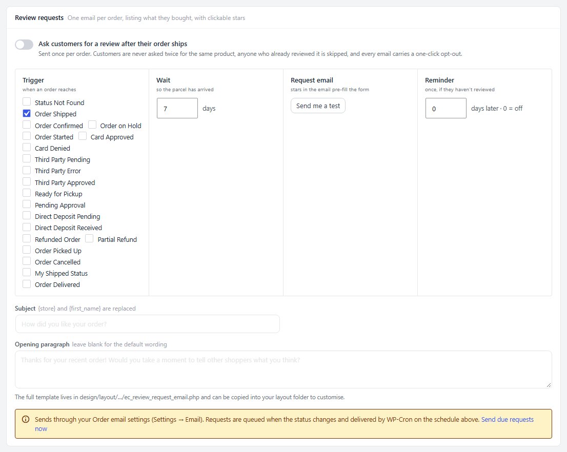 Review requests: trigger, wait, request email and reminder.