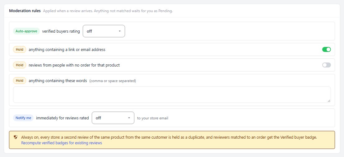 Moderation rules, applied as each review arrives.