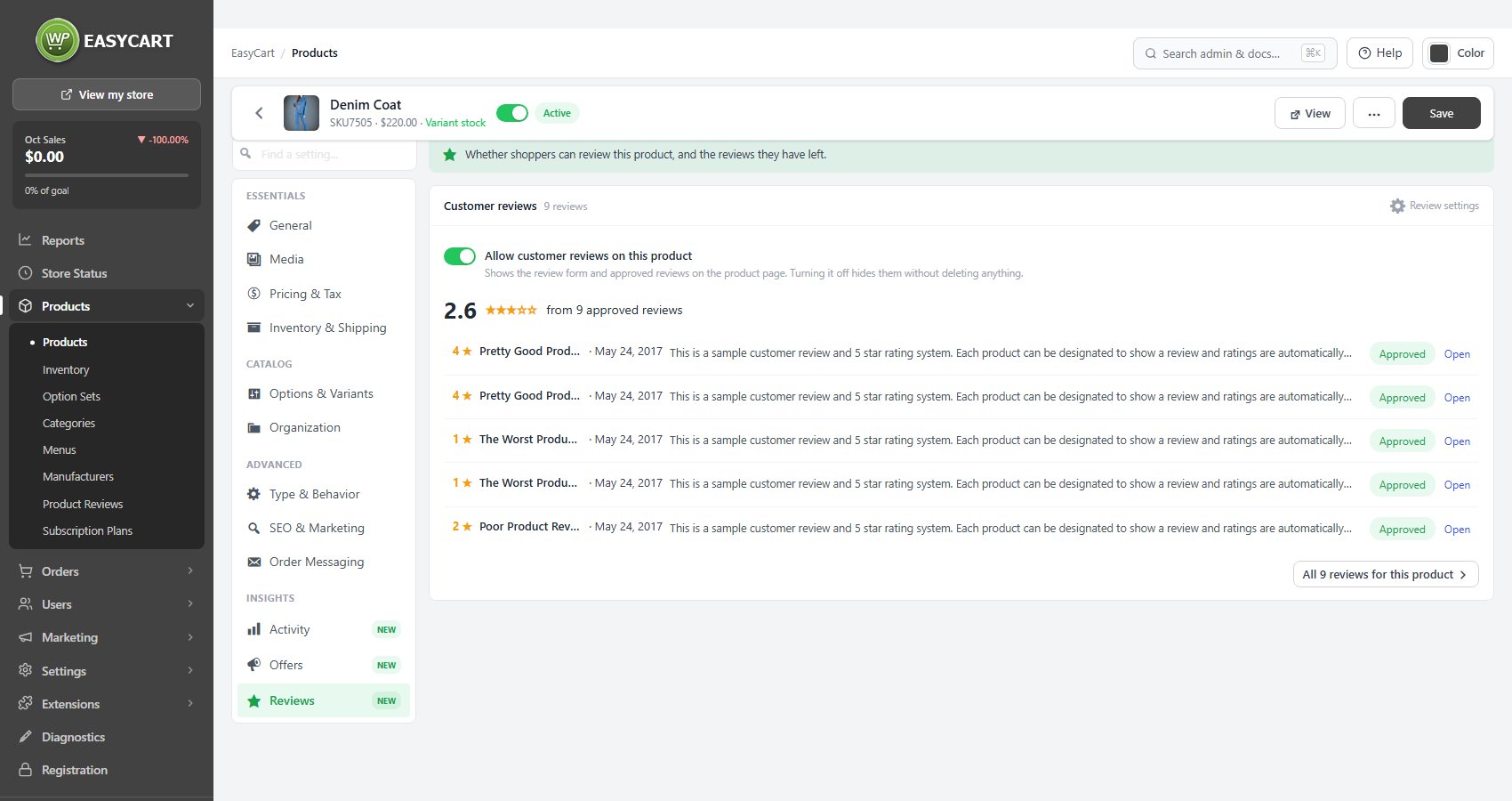 The product editor, Reviews tab.