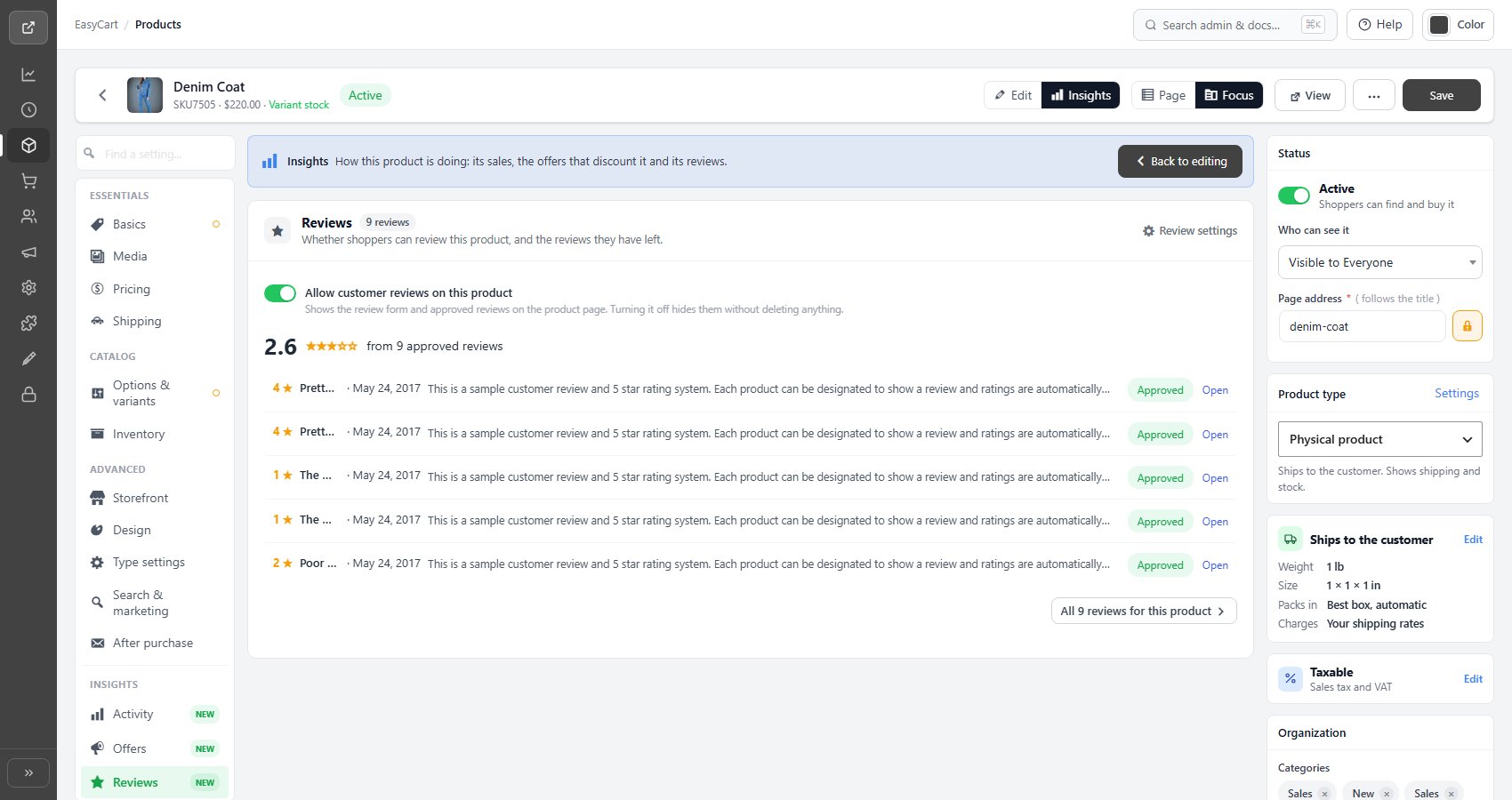 The product editor, Insights, Reviews section.