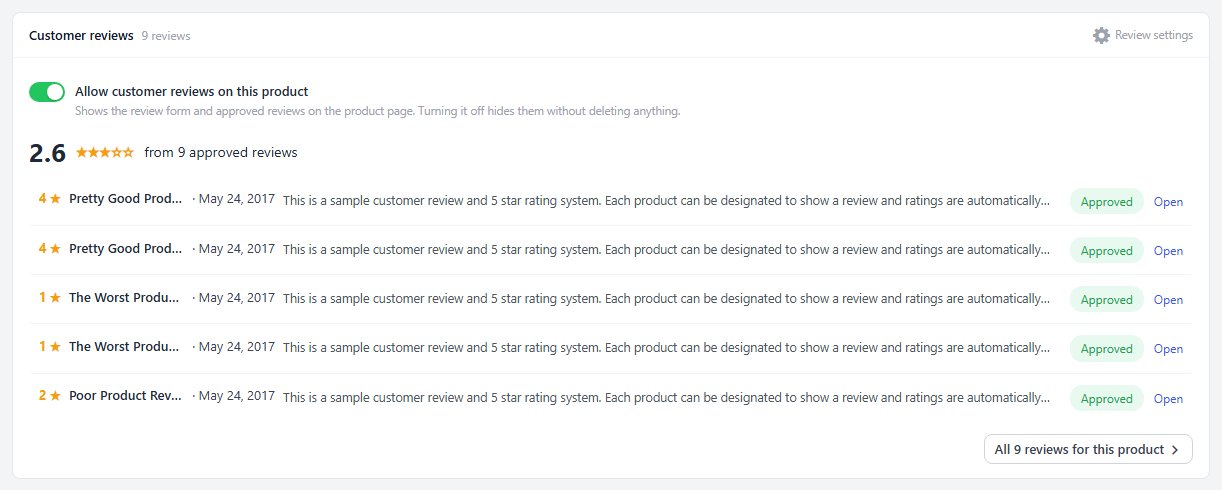 The Customer reviews card: the switch, the average rating and each review with its status.