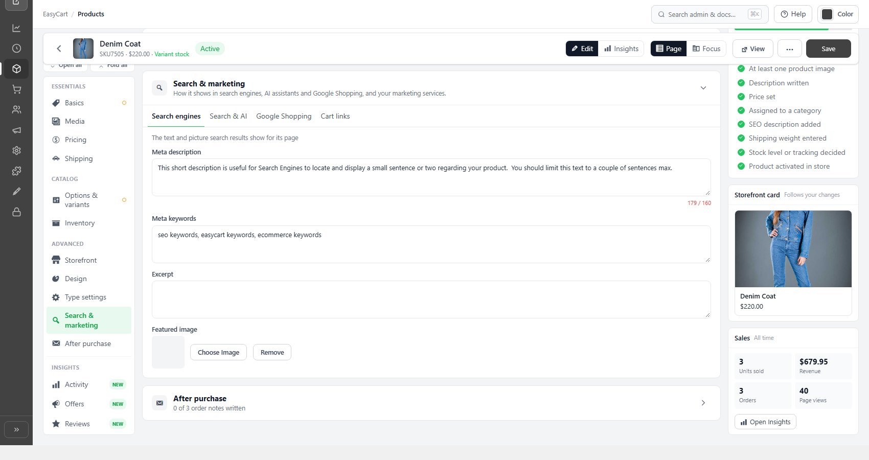 The product editor, Search & marketing section.