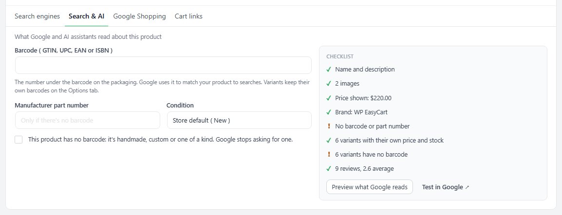 The Search & AI tab: barcode, part number and condition beside the checklist.