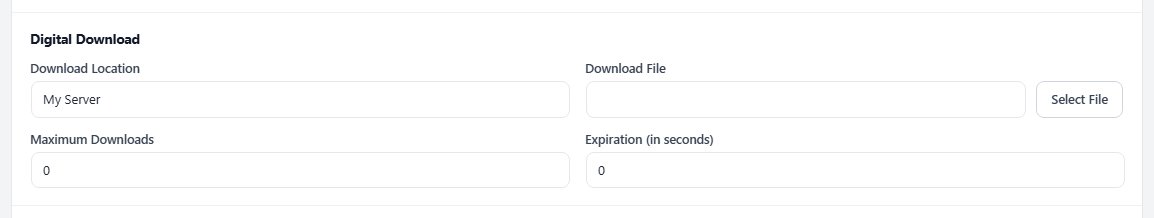 The Digital Download card: location, file, maximum downloads and expiration.
