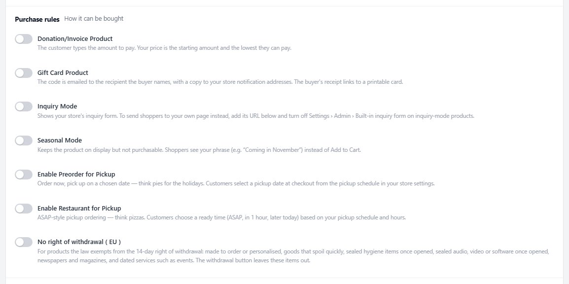 Purchase rules with Custom chosen, showing every type switch.